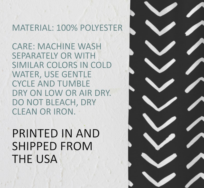 May include: A section of fabric with a black and white chevron pattern. The text on the left side reads "MATERIAL: 100% POLYESTER" and care instructions. The fabric is printed in the USA.