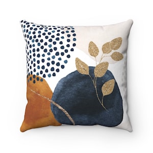 Abstract Art Pillow Cover, Boho Chic Aesthetic Throw Pillow w/ Watercolor Shapes in Navy Burnt Orange Gold, Modern Botanical Pillow Case