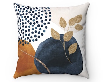 Abstract Art Pillow Cover, Boho Chic Aesthetic Throw Pillow w/ Watercolor Shapes in Navy Burnt Orange Gold, Modern Botanical Pillow Case