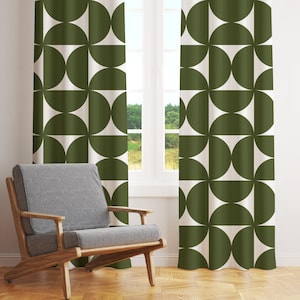 Mid Century Modern Curtains, Retro Boho Blackout Curtains, Dark Olive Green Geometric Bauhaus Sheer Curtains, Vintage Style Mod Funky Decor