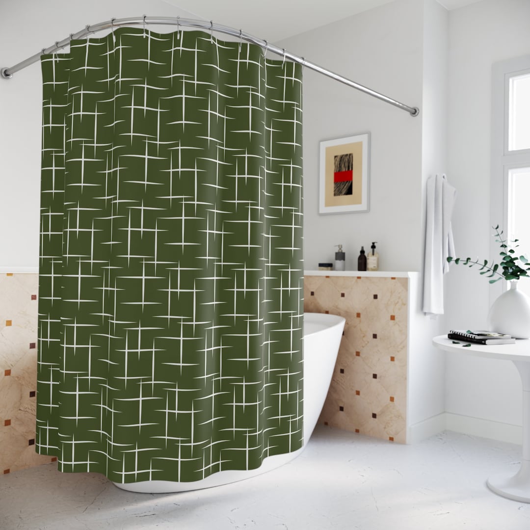 Mid Century Modern Boho Shower Curtain, Olive Green Atomic Starburst