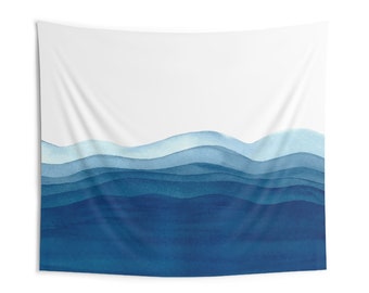 Blue Waves Abstract Art Tapestry, Lightweight Nature Wall Hanging, Watercolor Sea Ocean Abstract Shapes Navy Modern Minimalist Wall Decor