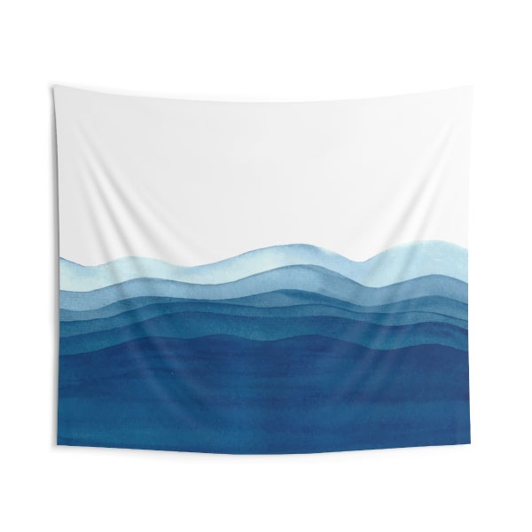 Blue Waves Abstract Art Tapestry, Lightweight Nature Wall Hanging, Watercolor Sea Ocean Abstract Shapes Navy Modern Minimalist Wall Decor