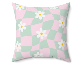 Checkered Throw Pillow, Sage Green Pink Danish Pastel Room Decor Daisy Flower Pillow Cover, Blush Y2K Decor, Cute Indie Room Decor Aesthetic
