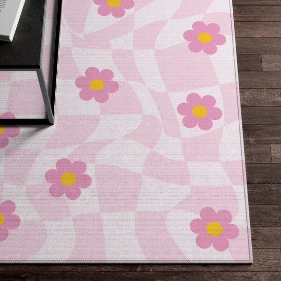 Pink Checkered Rug, Checkerboard Flower Rug, Cute Rug, Danish Pastel Room Decor, Y2K Decor Area Rug, Indie Room Decor Aesthetic Teen Dorm