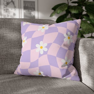 Checkered Throw Pillow, Purple Blush Pink Danish Pastel Room Decor Daisy Flower Pillow Cover, Y2K Decor, Cute Indie Room Decor Aesthetic