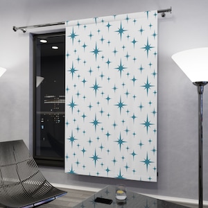 Mid Century Modern Boho Curtains, Retro Blackout Curtains, Turquoise Blue Atomic Starburst Sheer Curtains, Vintage Style 50s 60s Funky Decor