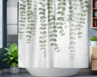 Botanical Shower Curtain, Eucalyptus Minimalist Shower Curtain, Modern Hanging Vine Green & White Shower Curtain, Modern Farmhouse Bathroom
