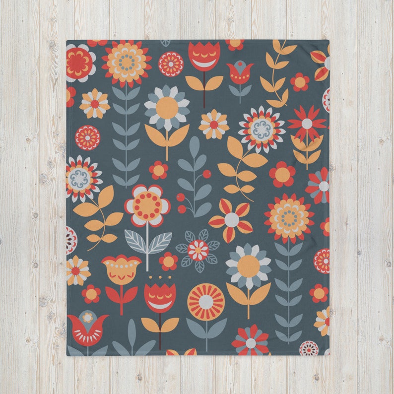 Scandinavian Folk Art Throw Blanket Retro Floral Norwegian Etsy