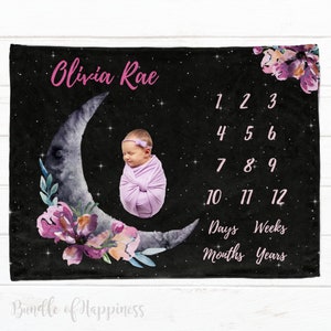 Baby Milestone Blanket Girl / Floral Moon and Stars Personalized Monthly Milestone Blanket / Month Blanket Black / New Mom Baby Shower Gift