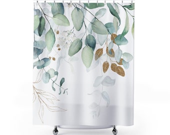 Eucalyptus Botanical Gold and Green Shower Curtain, Modern Minimalist Watercolor Leaves and Vines, Farmhouse Decor