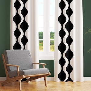 Mid Century Modern Curtains, Retro Boho Blackout Curtains, Black and White Abstract Shapes Sheer Curtains, Vintage Style Mid Mod Funky Decor
