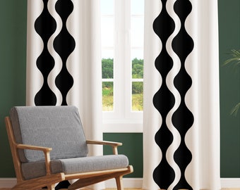 Mid Century Modern Curtains, Retro Boho Blackout Curtains, Black and White Abstract Shapes Sheer Curtains, Vintage Style Mid Mod Funky Decor