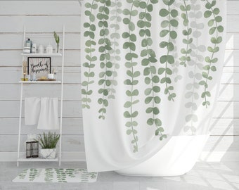 Watercolor Vines Green Shower Curtain, Modern Minimalist Botanical Boho Shower Curtain, Minimal Cascading Leaves, Modern Farmhouse Bathroom