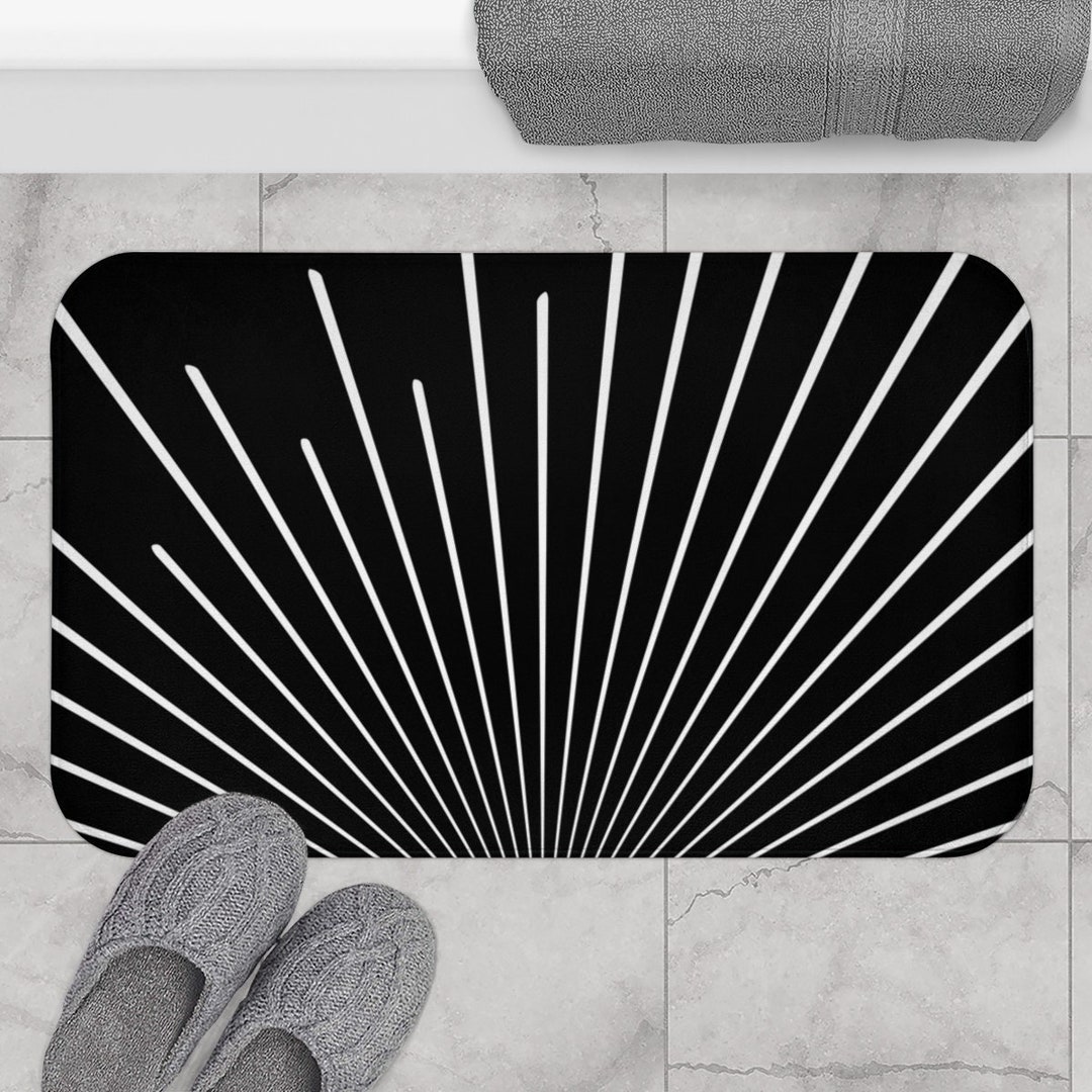 Boho Bath Mat, Black and White Sunburst Mid Century Modern Sunset