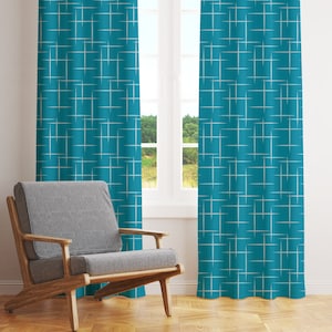 Mid Century Modern Curtains, Retro Boho Blackout Curtains, Aqua Blue Atomic Starburst Sheer Curtains, Vintage Style 50s 60s 70s Funky Decor
