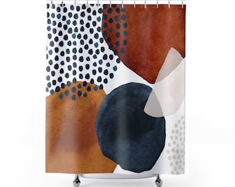 Abstract Art Shower Curtain, Boho Chic Modern Watercolor Shapes in Rust Burnt Orange Navy, Bohemian Bathroom