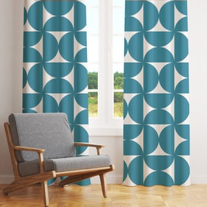 Mid Century Modern Curtains, Retro Boho Blackout Curtains, Turquoise Blue Geometric Bauhaus Sheer Curtains, Vintage Style Mod Funky Decor