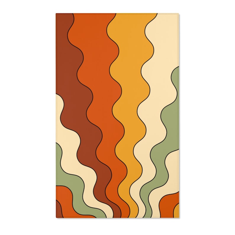 Op de afbeelding: Abstracte digitale kunstprint met golvende lijnen in tinten van oranje, geel, bruin en groen.