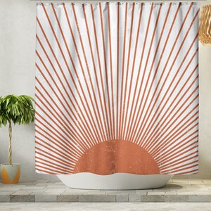 Boho Shower Curtain, Mid Century Modern Sun Bohemian Retro Shower Curtain, Mustard Yellow Vintage Style Distressed Sunburst, Grunge Sunrays image 5