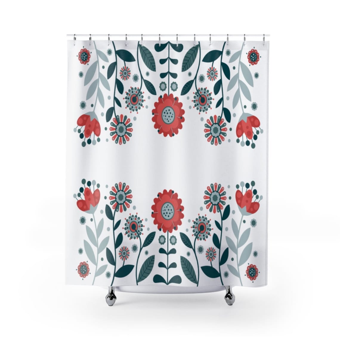 Scandinavian Folk Art Floral Shower Curtain Red and Teal Etsy