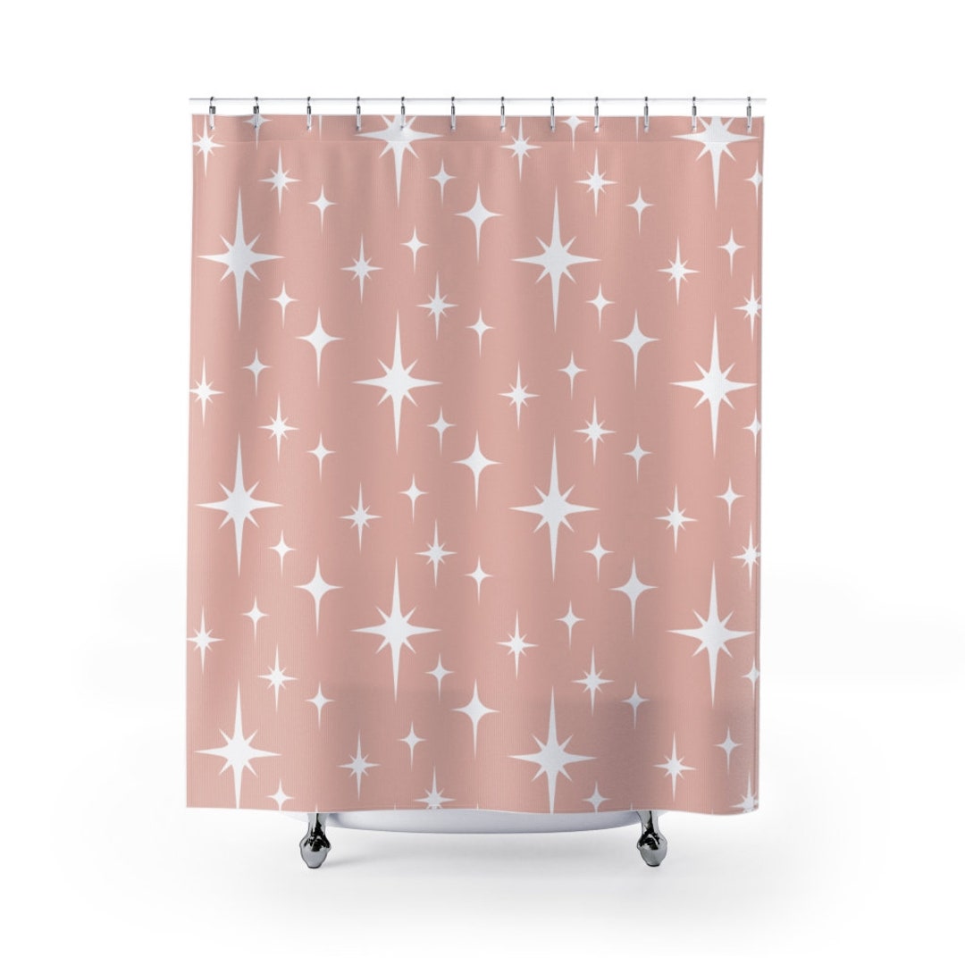 Retro Shower Curtain, Pink and White Atomic Starburst Mid Century