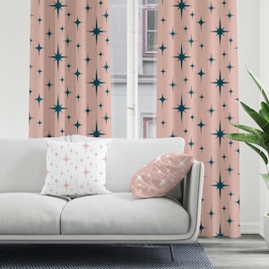 Mid Century Modern Boho Curtains, Retro Blackout Curtains, Pink Dark Teal Atomic Starburst Sheer Curtains, Vintage Style 50s 60s Funky Decor