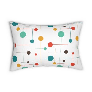 Retro Lumbar Pillow, Mid Century Modern Atomic Abstract Shapes Boho Decorative Pillow, Funky 50s 60s 70s Vintage Style Bohemian Home Decor