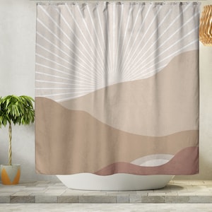 Mountain Sunrise Boho Shower Curtain, Abstract Art Beige Brown and White Modern Retro Sunset Bohemian Shower Curtain, Boho Bathroom Decor
