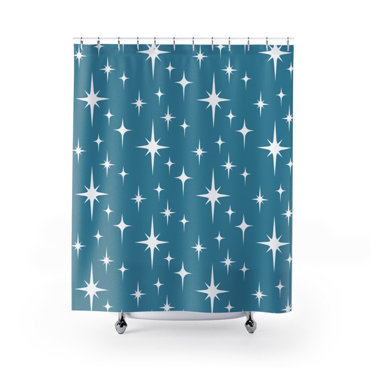Retro Shower Curtain Turquoise Blue Atomic Starburst Mid Etsy