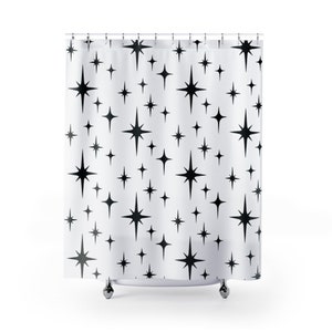 Retro Shower Curtain, Black and White Atomic Starburst Mid Century Modern Boho Shower Curtain, Vintage Style 1950s 1960s Bathroom Decor