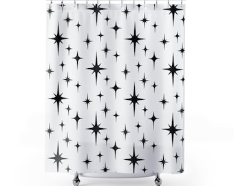 Retro Shower Curtain, Black and White Atomic Starburst Mid Century Modern Boho Shower Curtain, Vintage Style 1950s 1960s Bathroom Decor