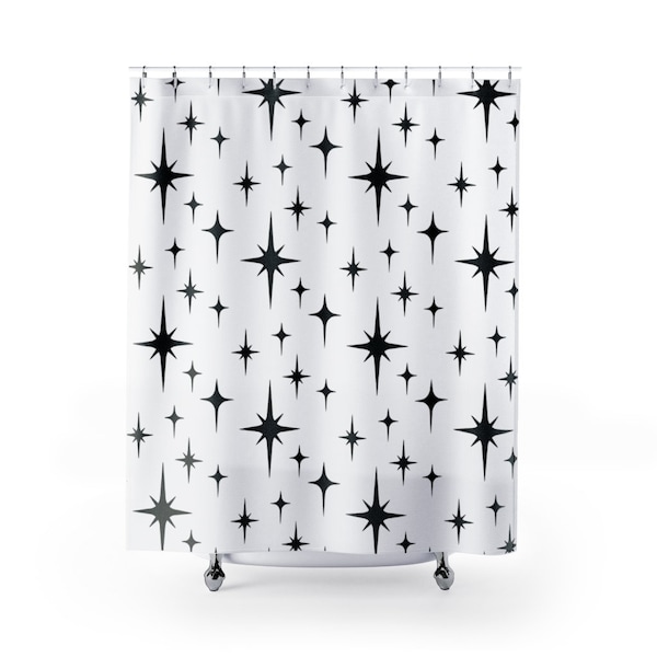 Retro Shower Curtain, Black and White Atomic Starburst Mid Century Modern Boho Shower Curtain, Vintage Style 1950s 1960s Bathroom Decor