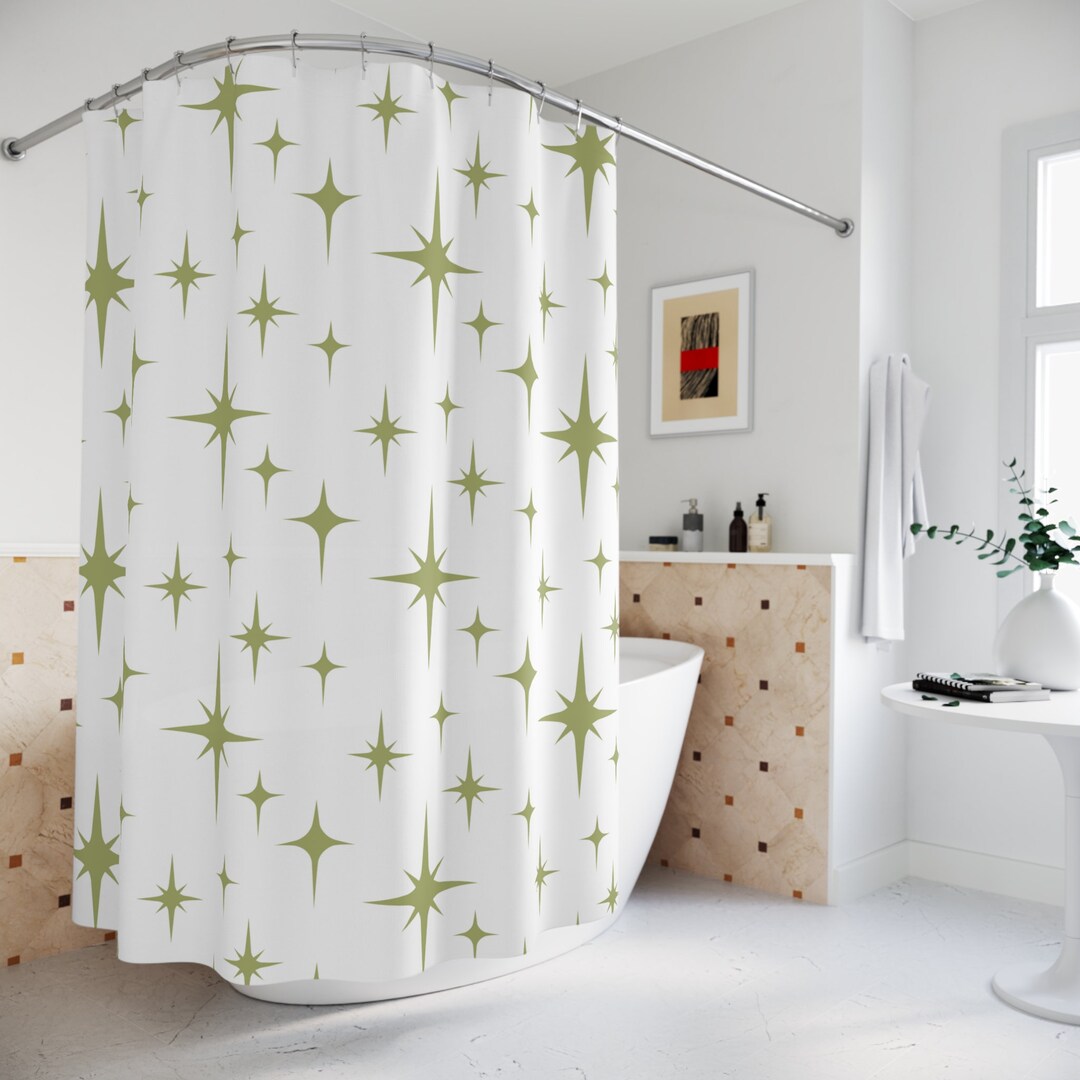 Retro Shower Curtain, Olive Green Atomic Starburst Mid Century Modern ...