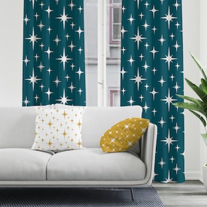 Mid Century Modern Boho Curtains, Retro Blackout Curtains, Dark Teal Atomic Starburst Sheer Curtains, Vintage Style 50s 60s Funky Decor
