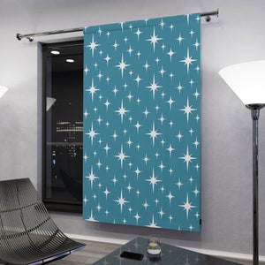 Mid Century Modern Boho Curtains, Retro Blackout Curtains, Turquoise Blue Atomic Starburst Sheer Curtains, Vintage Style 50s 60s Funky Decor