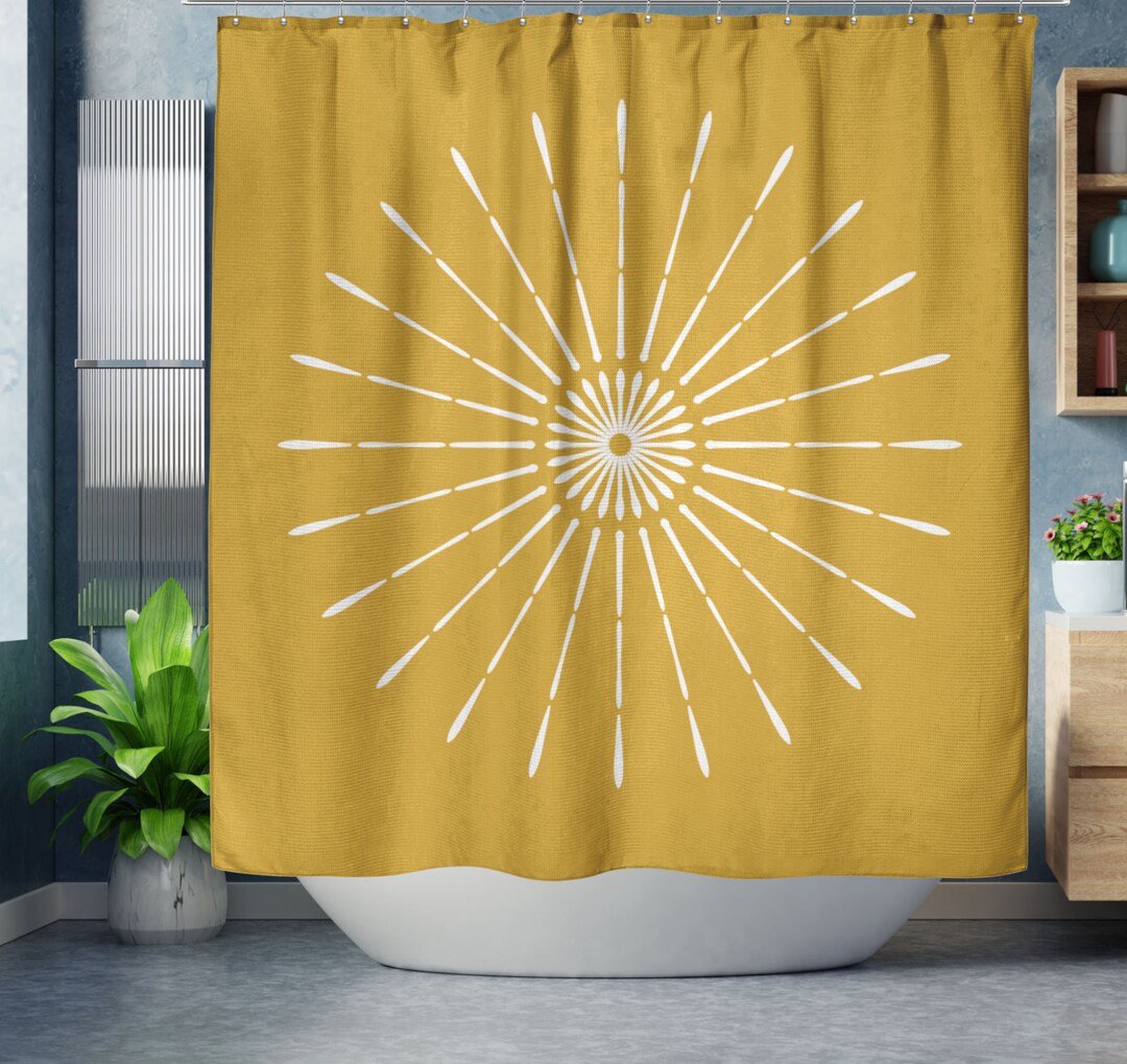 Boho Shower Curtain, Mustard Yellow Retro Sunburst Bohemian Shower
