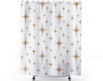 Retro Shower Curtain, Beige Tan Atomic Starburst Mid Century Modern Boho Shower Curtain, Light Brown Vintage Style 1950s 1960s Bathroom