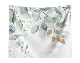 Aesthetic Tapestry, Boho Chic Eucalyptus Watercolor Green & Gold Leaves and Vines Lightweight Wall Hanging, Botanical Modern Farmhouse Decor