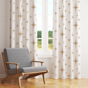 Mid Century Modern Boho Curtains, Retro Blackout Curtains, Beige Tan Atomic Starburst Sheer Curtains, Vintage Style 50s 60s 70s Funky Decor