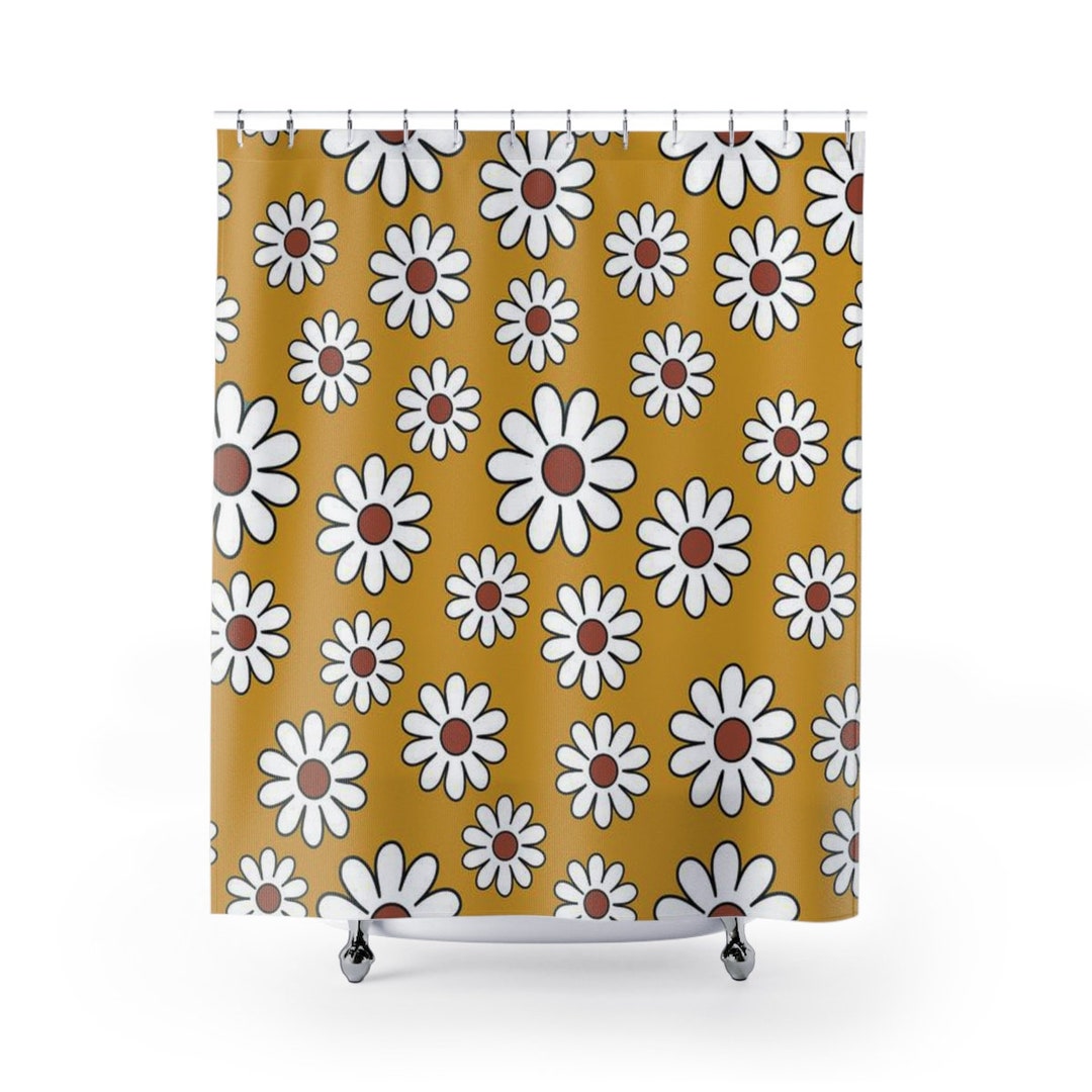 Retro Shower Curtain 70s Daisy Flower Shower Curtain Mustard Etsy