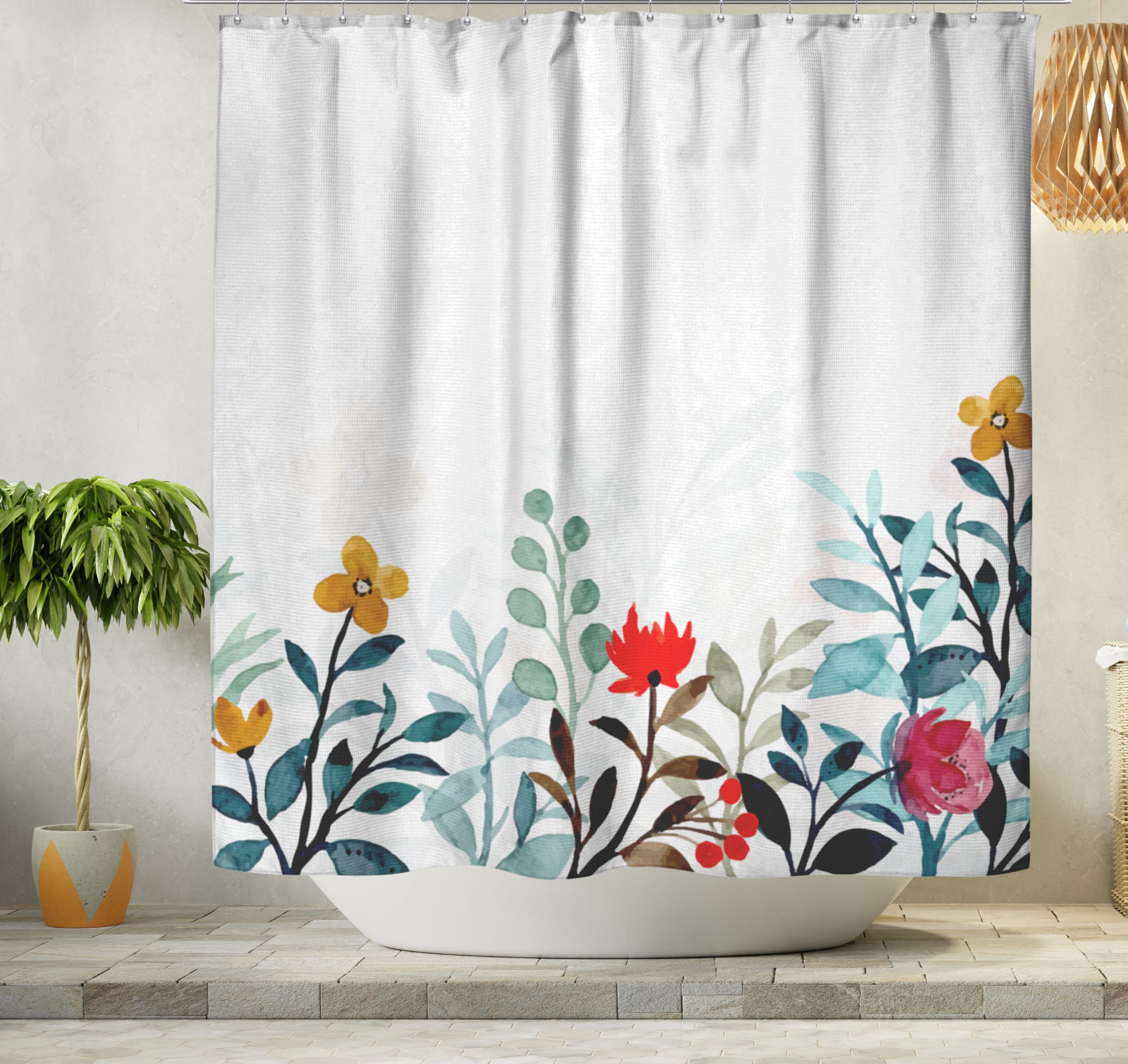 Floral Farmhouse Shower Curtain Watercolor Wildflowers Etsy