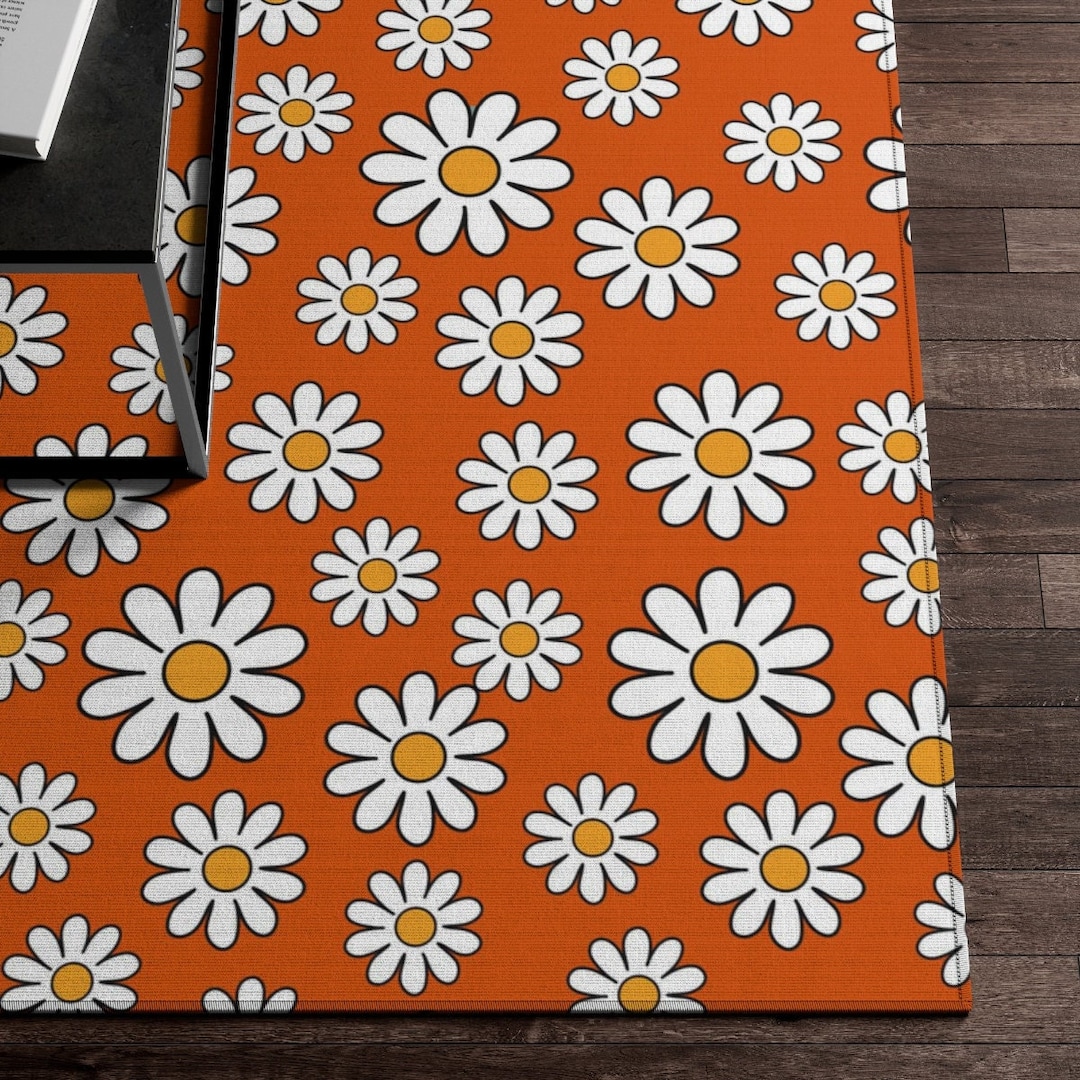 70s Rug Retro Flower Rug Daisy Hippie Rug Cute Rug Orange Etsy