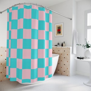 Pink Aqua Checkered Boho Shower Curtain, Checkerboard Retro Shower Curtain, Indie Aesthetic Danish Pastel Bathroom, Funky Abstract Y2K Decor