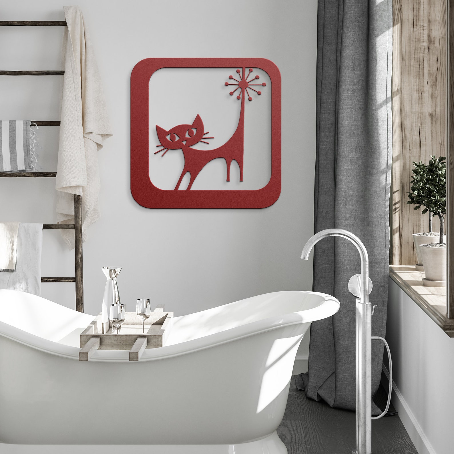 Atomic Cat Mid Century Modern Metal Wall Art Mcm Retro Large Etsy