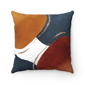 Abstract Art Throw Pillow, Boho Chic Aesthetic Pillow Cover w/ Watercolor Shapes in Orange Rust Navy Gold, Modern Art Bohemian Pillow Case