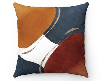 Abstract Art Throw Pillow, Boho Chic Aesthetic Pillow Cover w/ Watercolor Shapes in Orange Rust Navy Gold, Modern Art Bohemian Pillow Case