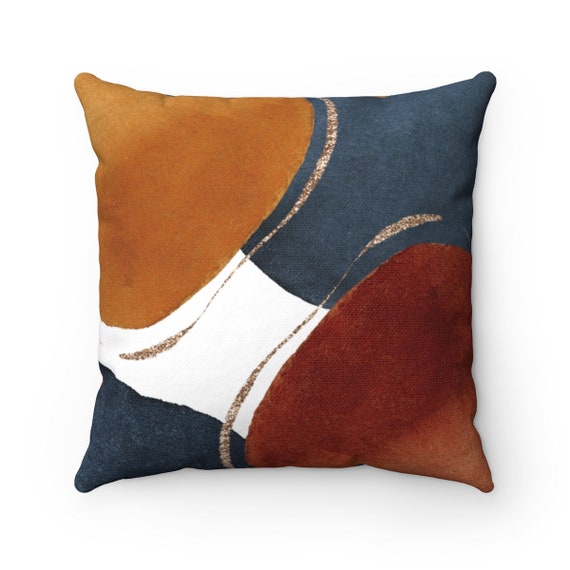 Abstract Art Throw Pillow, Boho Chic Aesthetic Pillow Cover w/ Watercolor Shapes in Orange Rust Navy Gold, Modern Art Bohemian Pillow Case