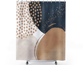Cortina de ducha de arte abstracto, formas de acuarela modernas boho chic en marfil y oro beige navy, baño boho