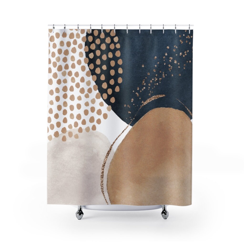 Abstract Art Shower Curtain, Boho Chic Modern Watercolor Shapes in Beige Navy Ivory and Gold, Bohemian Bathroom